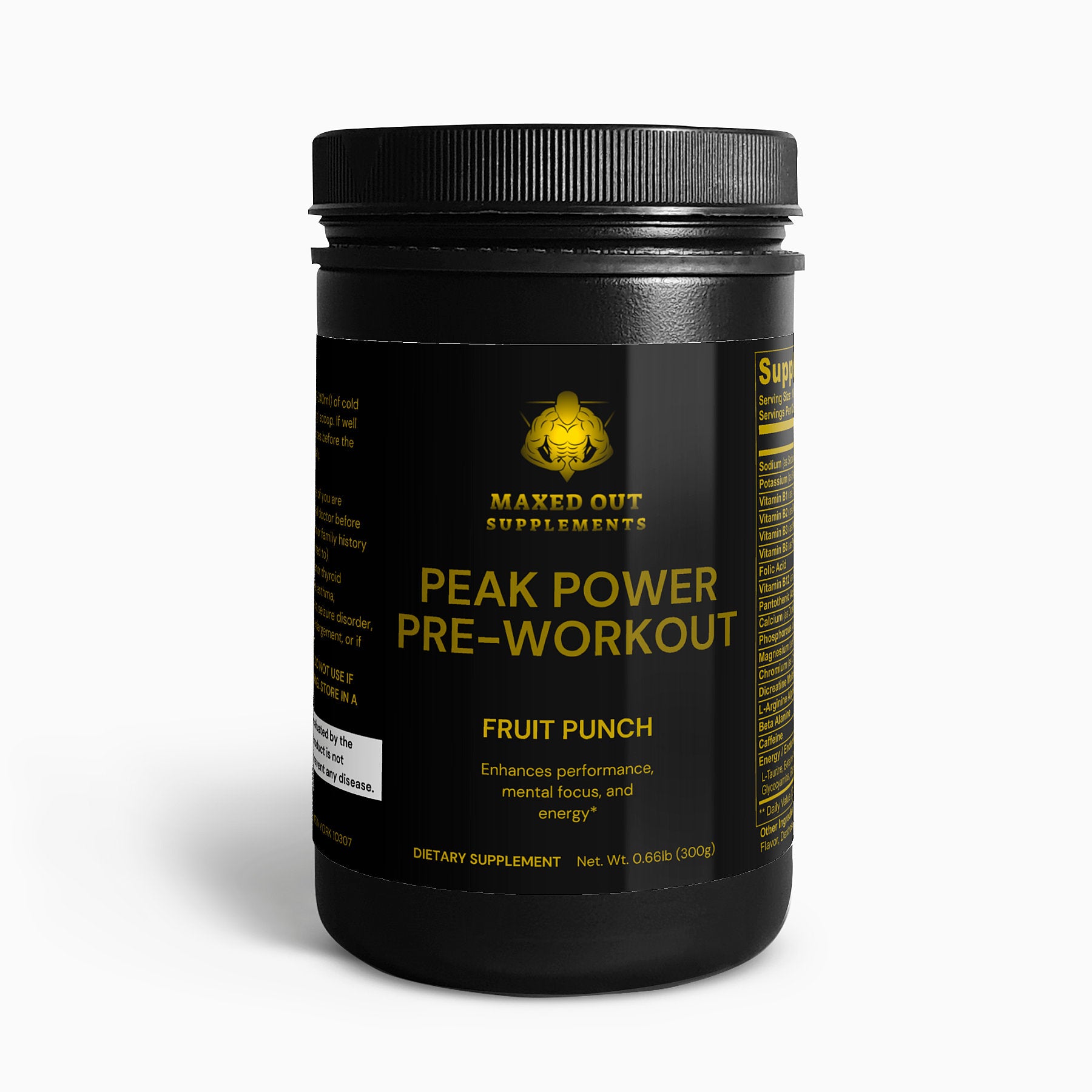 A container of Peak Power Pre-Workout Powder in Fruit Punch flavor by Maxed Out Supplements.